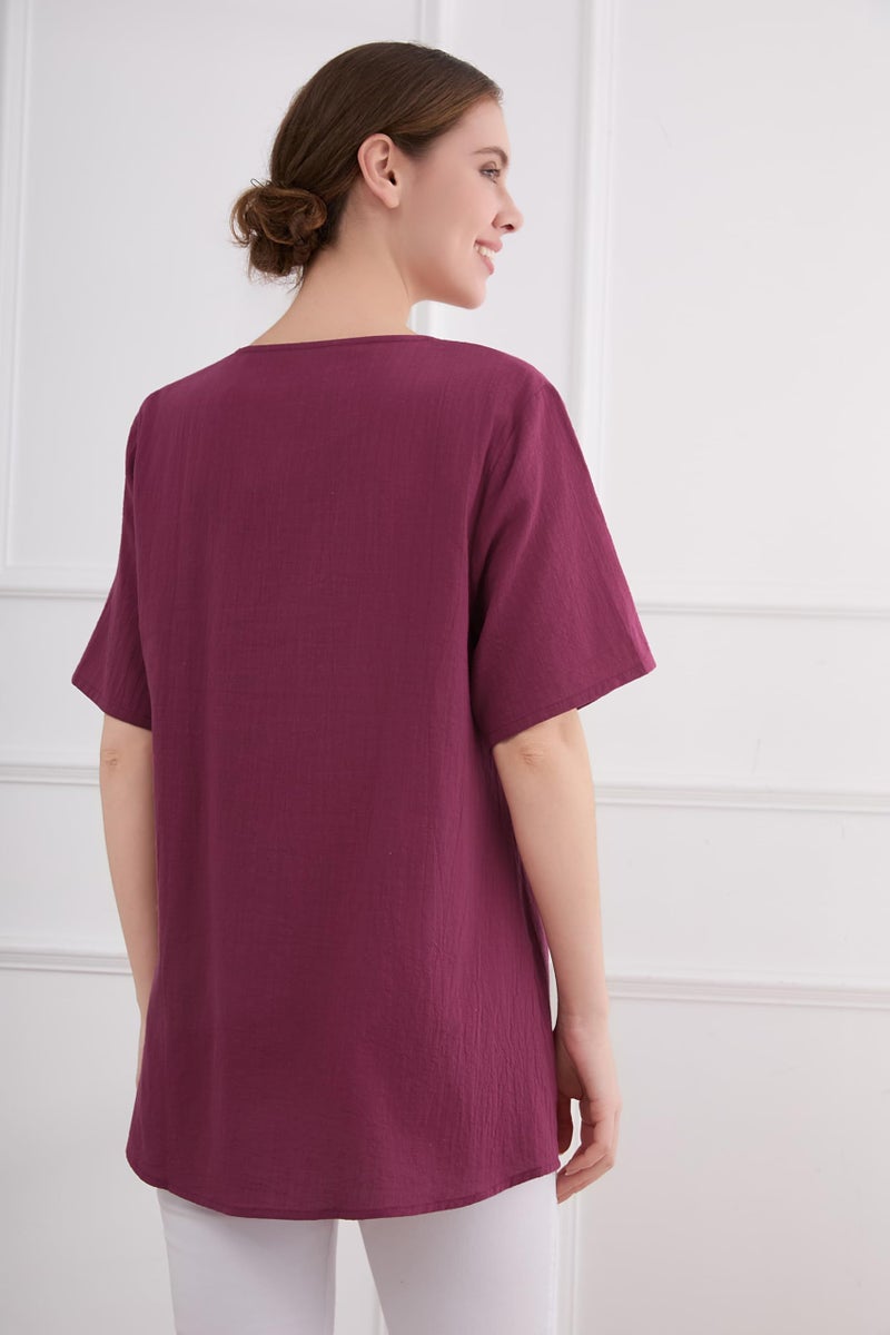 Minibee Women's Linen Retro Chinese Frog Button Tops Blouse Wine Red M - Image 4